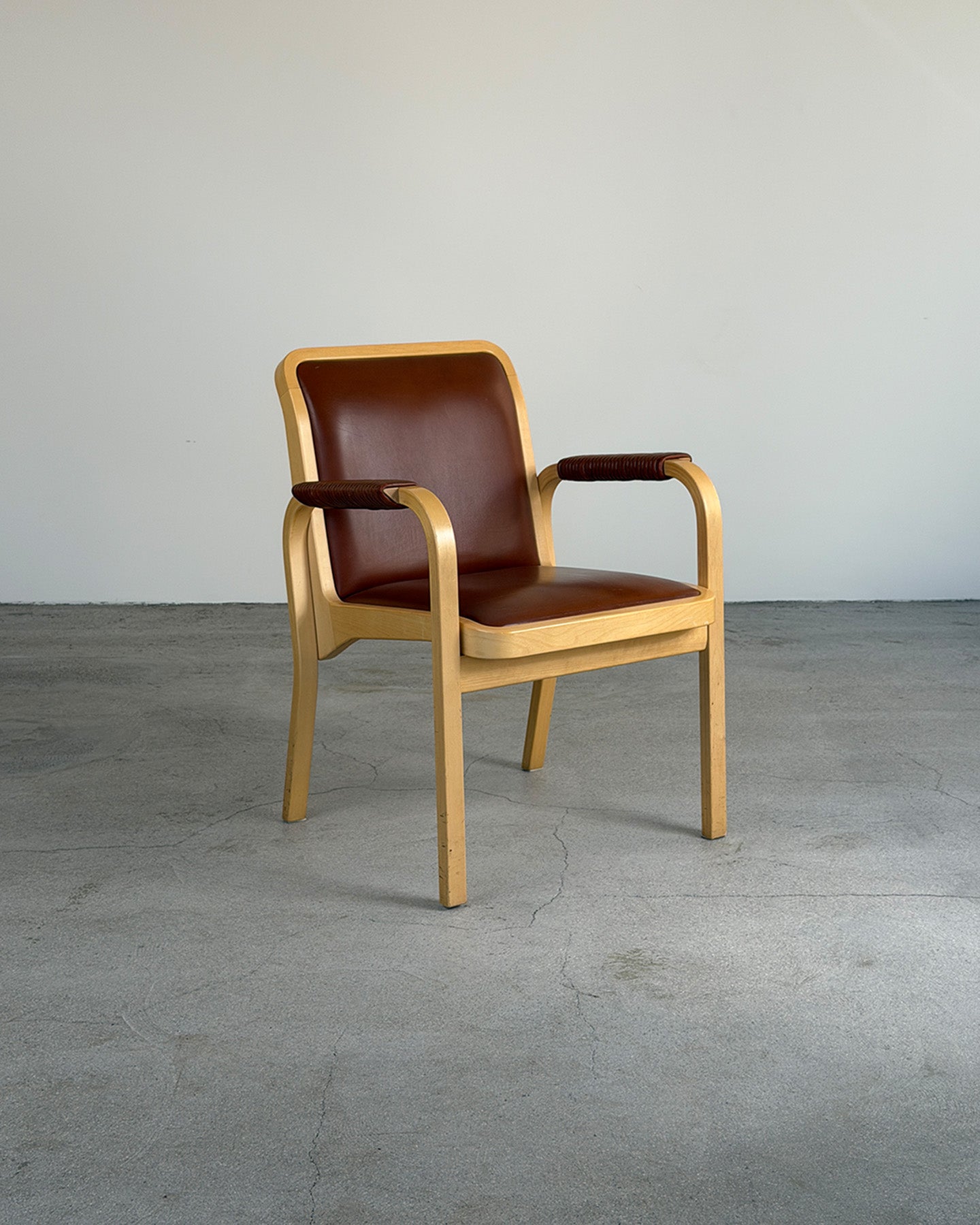 Artek E45 Birch Armchair with Brown Leather Upholstery by Alvar Aalto