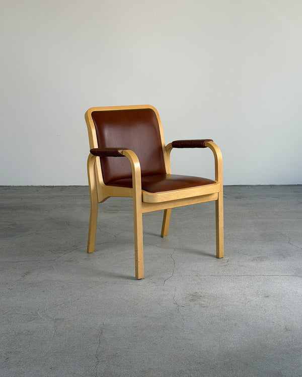 Artek E45 Birch Armchair with Brown Leather Upholstery by Alvar Aalto