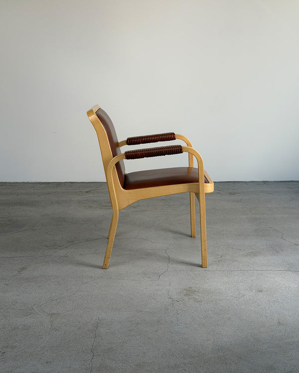 Artek E45 Birch Armchair with Brown Leather Upholstery by Alvar Aalto