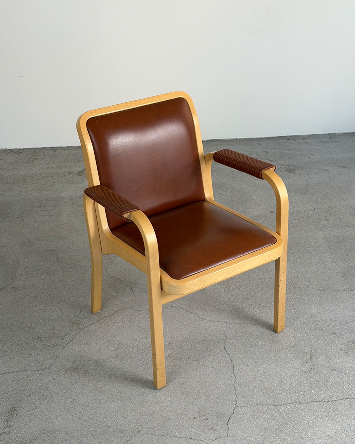 Artek E45 Birch Armchair with Brown Leather Upholstery by Alvar Aalto