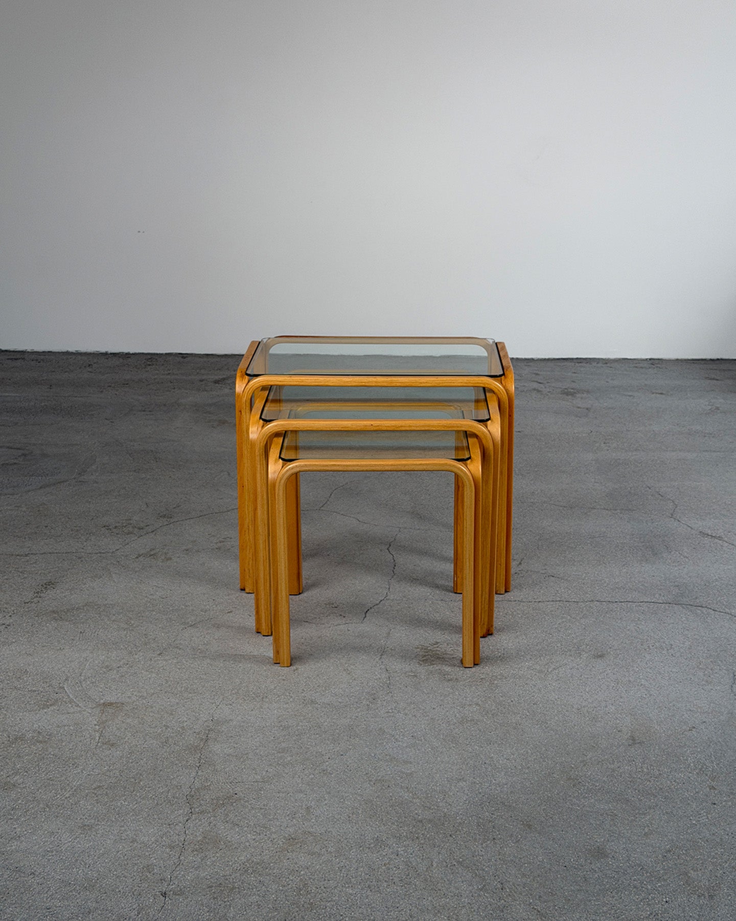 Vintage Wooden Nesting Tables with Glass Top, 1980s