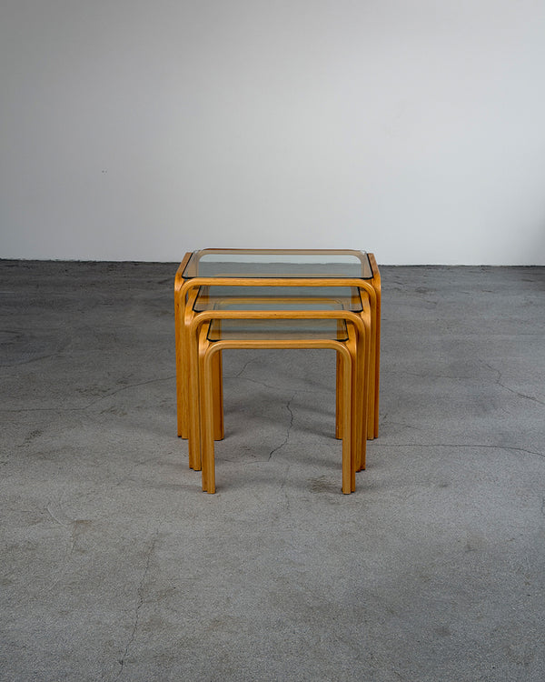 Vintage Wooden Nesting Tables with Glass Top, 1980s