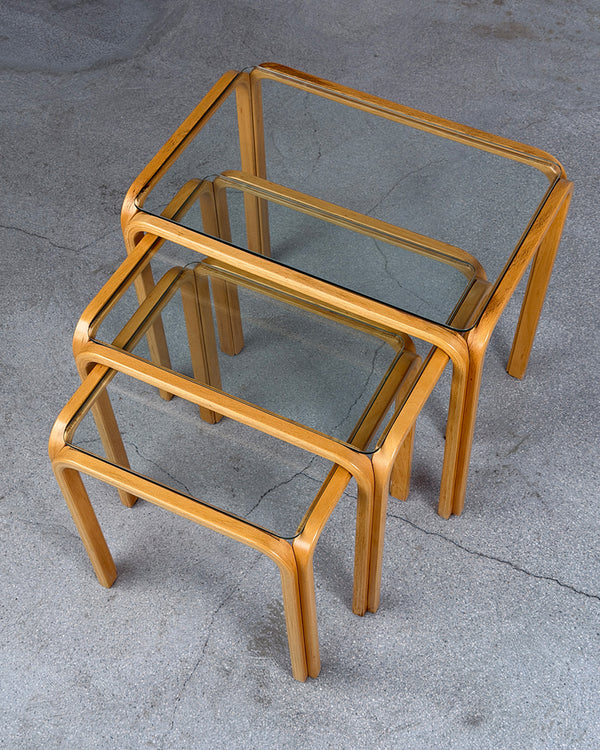 Vintage Wooden Nesting Tables with Glass Top, 1980s