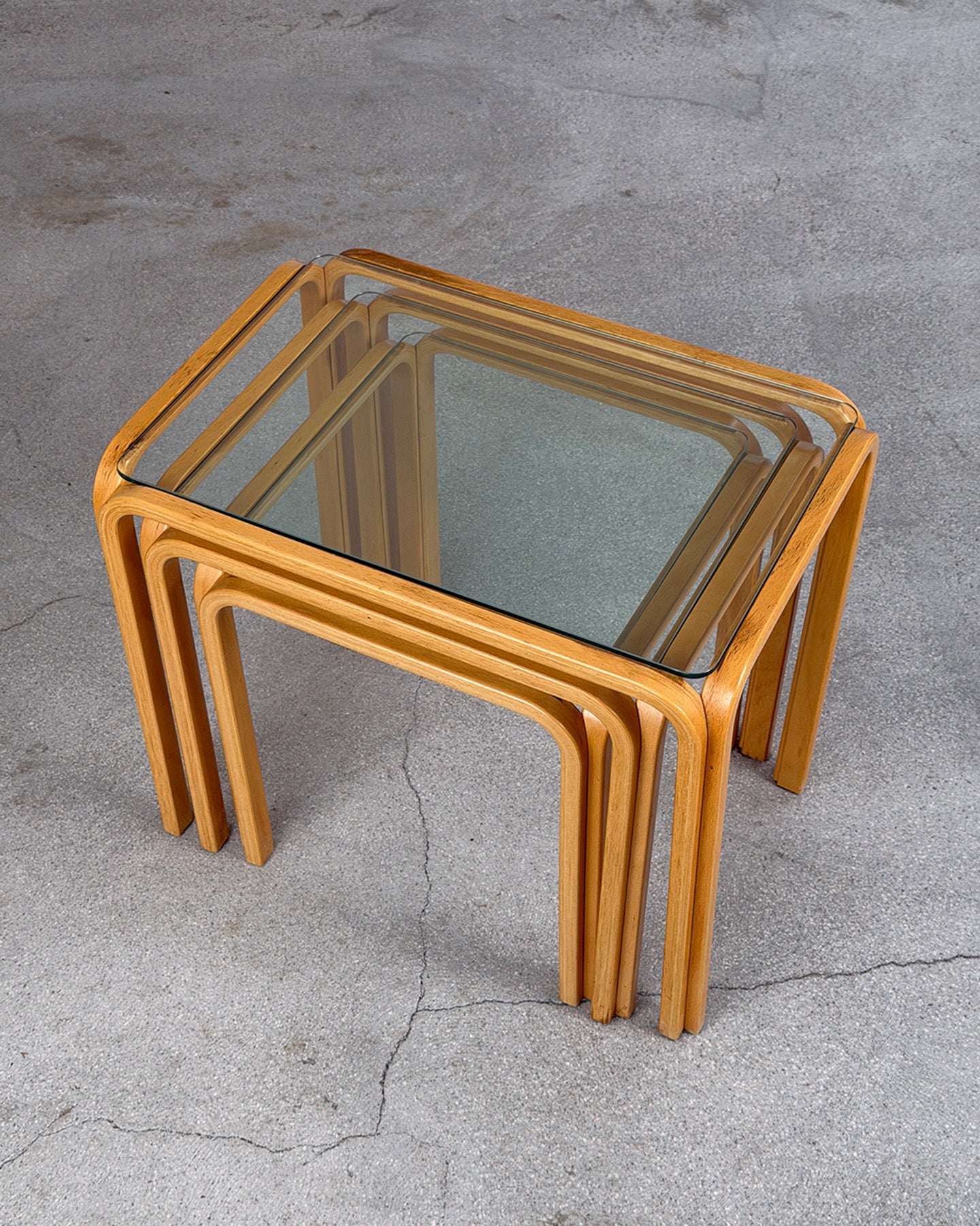 Vintage Wooden Nesting Tables with Glass Top, 1980s