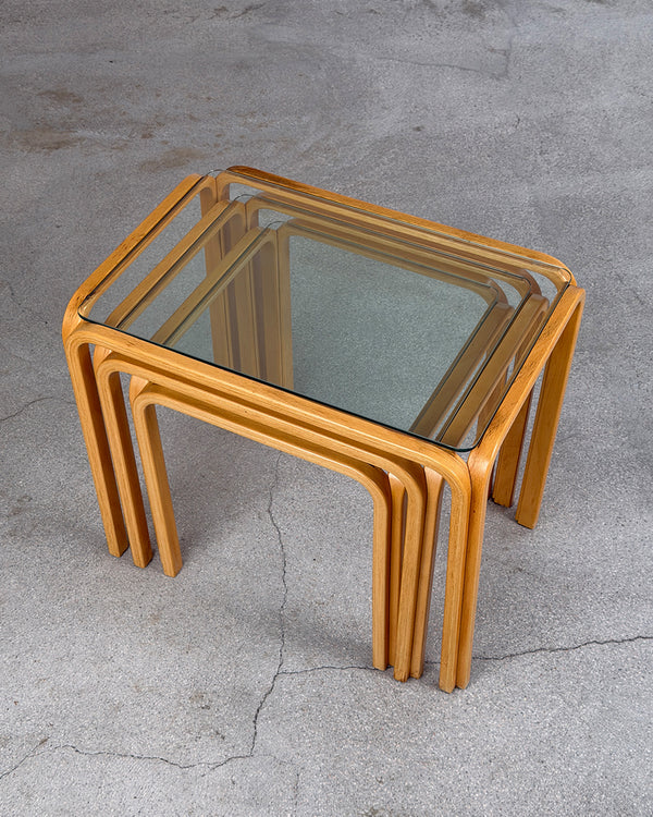 Vintage Wooden Nesting Tables with Glass Top, 1980s