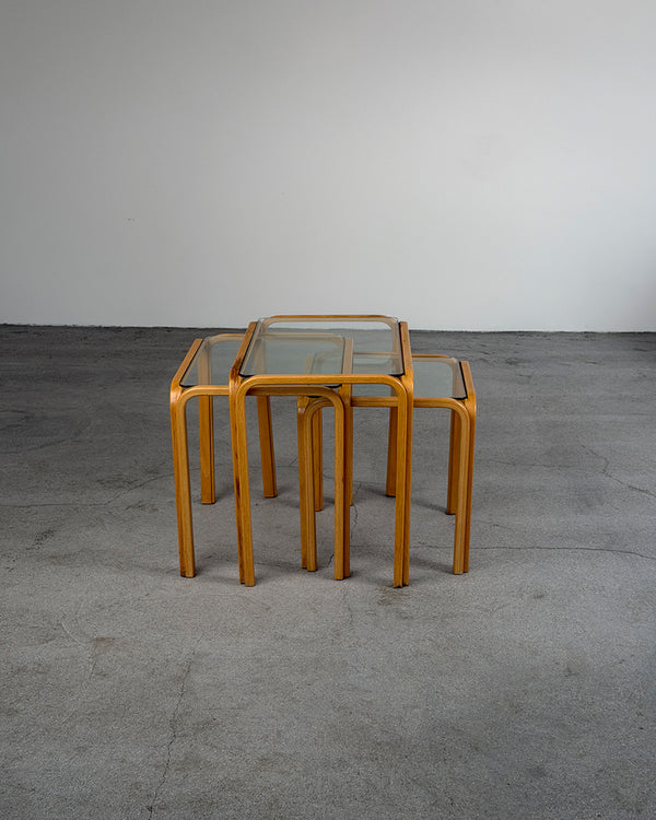 Vintage Wooden Nesting Tables with Glass Top, 1980s